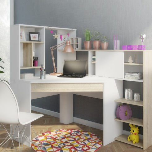 Function Plus Corner Desk with multi-functional unit In White and Oak